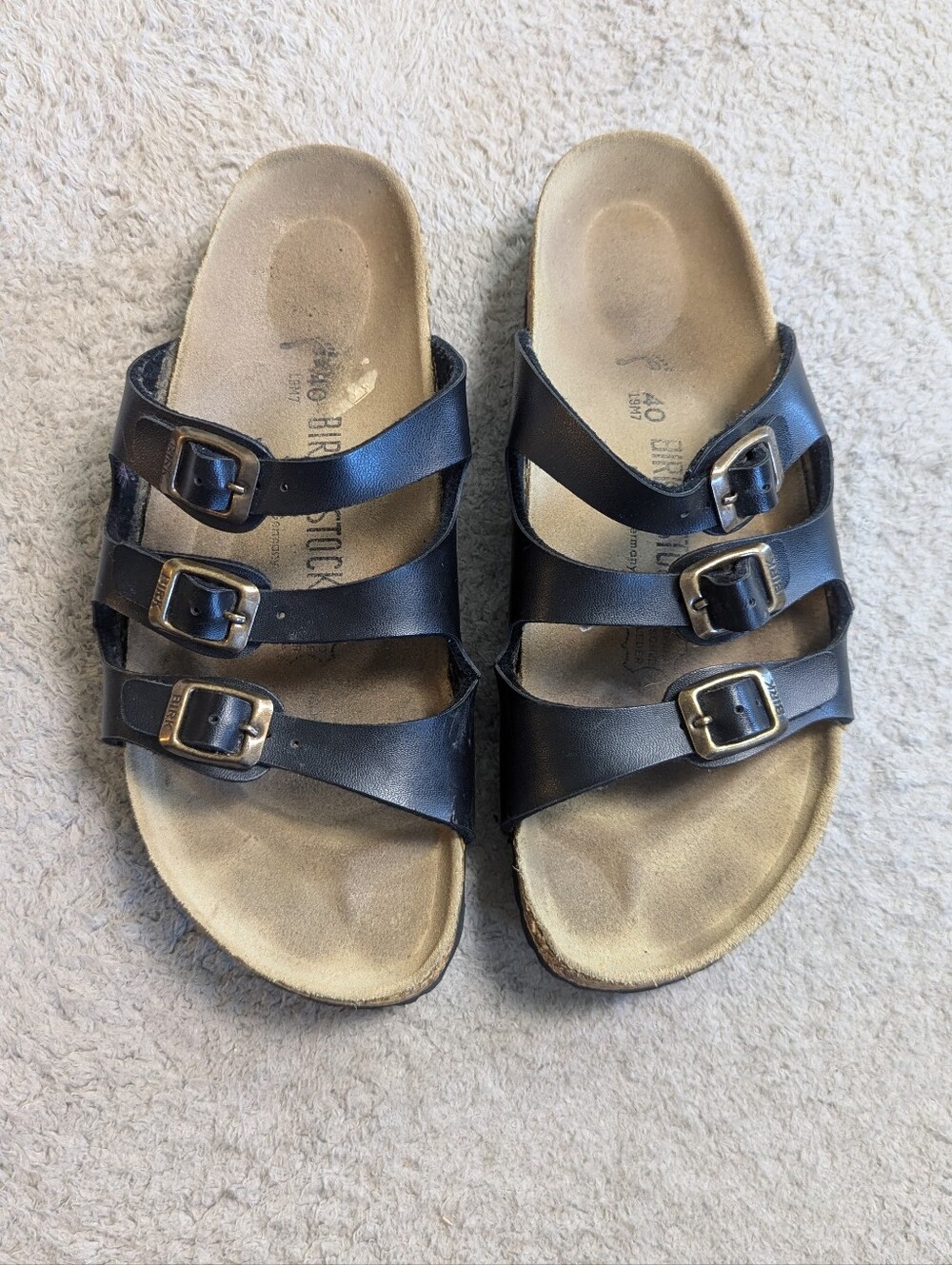 Birkenstock Size 40 Black Florida 3-Strap Leather Slide On Sandals